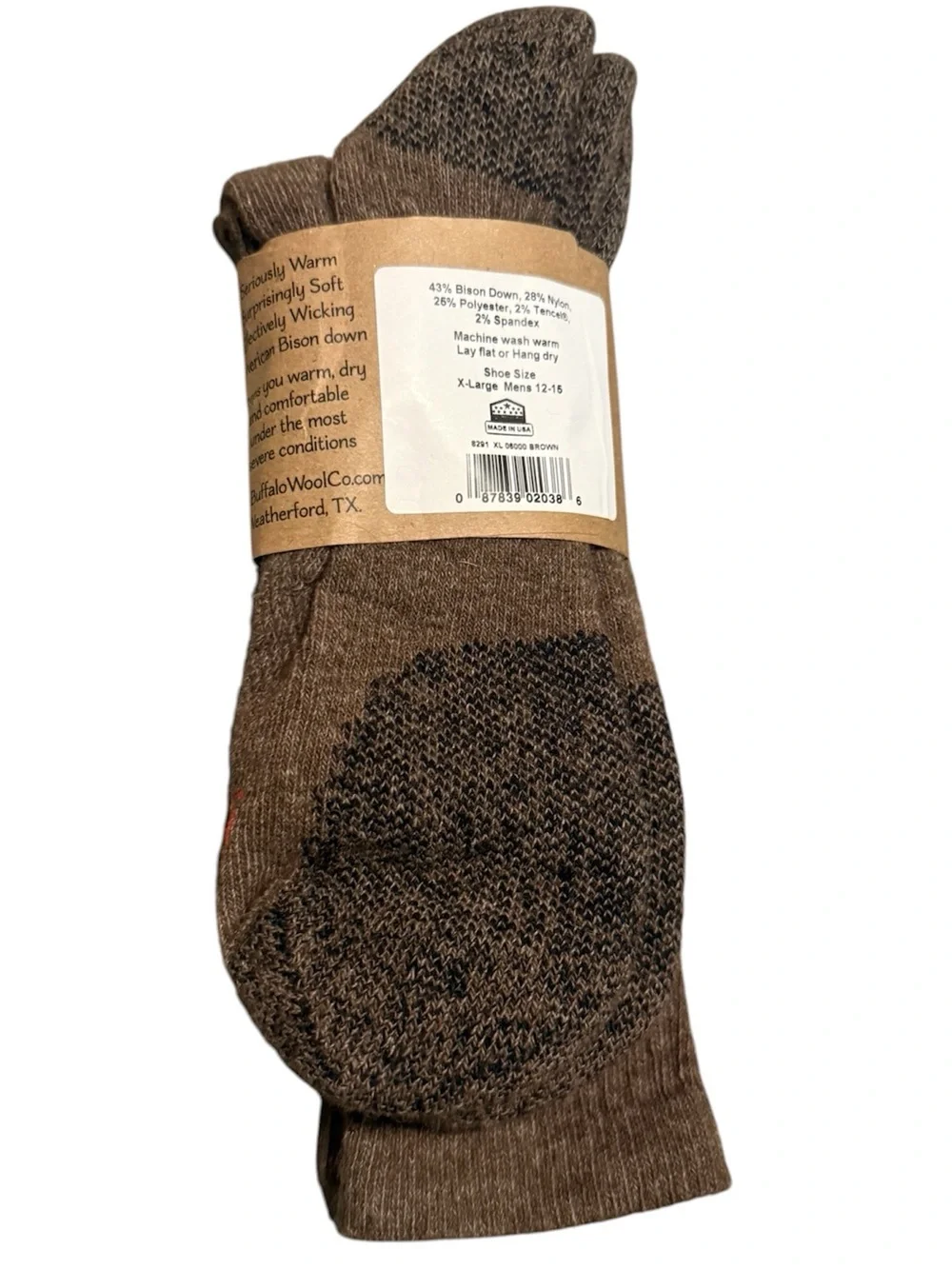 Bison Down Crew Socks, XL, Brown, Warm, Soft, Gift, Hiking
